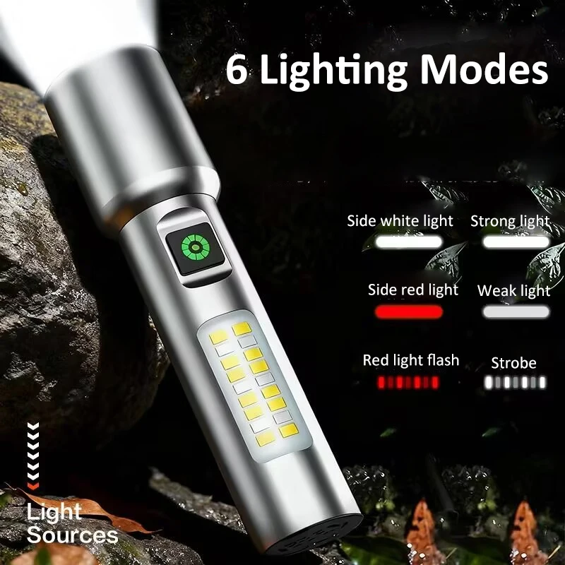 High Lumens LED Flashlight USB Rechargeable Zoomable Flashlight with Side COB Work Light Aluminum Alloy Handheld Torch