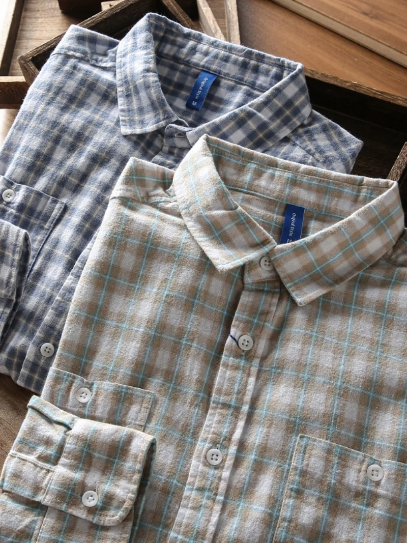 

Autumn New Pure Cotton Plaid Long Sleeve Shirt Men's Casual Versatile Artistic Button-Up Casual Shirt Youth Fashion