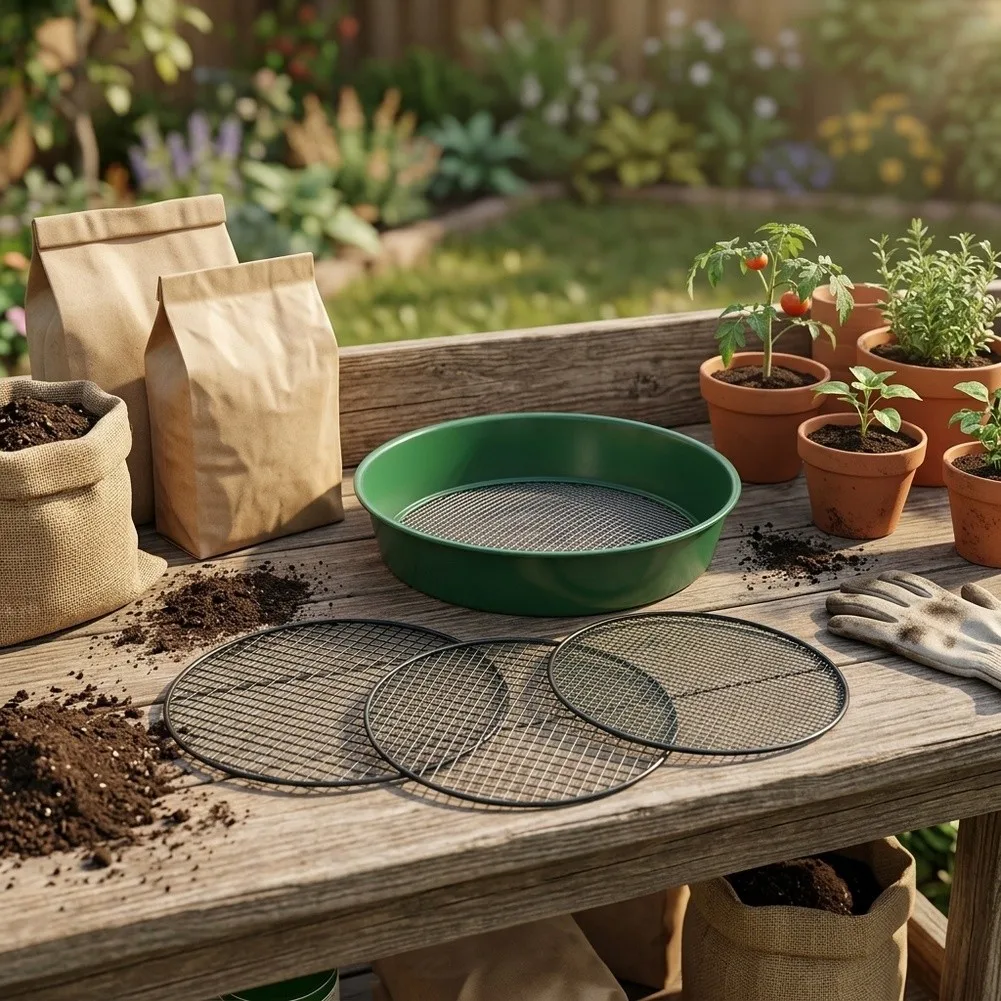 3 in 1 Metal Garden Sieve with 12mm 10mm 6mm Mesh Inserts for Soil Screening Compost Sifting and Debris Separation