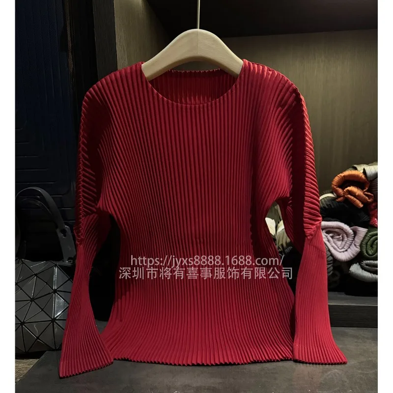 Koszulka Miyake z plisowanym patchworkiem 2025 Damska bluzka plisowana Jesień Nowość Styl dojazdowy Minimalistyczna Jednolita Bluzka z długim rękawem i plisami