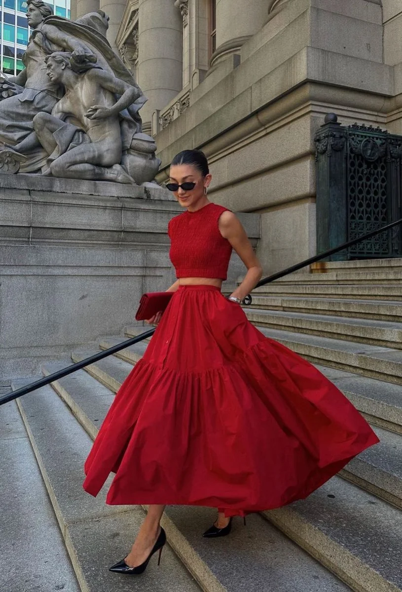 Elegance Red Taffeta Evening Skirt with Pockets Pleated Puffy Matt Satin Ankle Length Prom Party Skirts with Buttons Custom Made