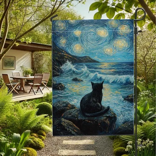 Cat Ocean View Garden Flag, Starry Night Home Decor Flag, Double, 12x18 Inch XXQ