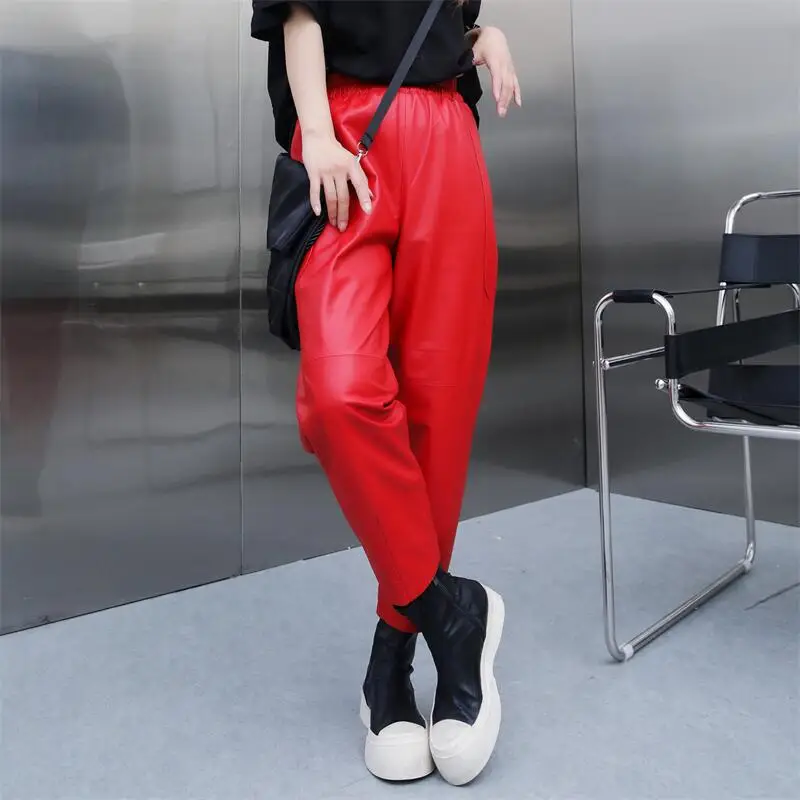 

Harun-Women's Red Genuine Leather Pants, Elastic Waist, Ankle Length Pants, Sheepskin Commuting, Casual, Spring, Autumn