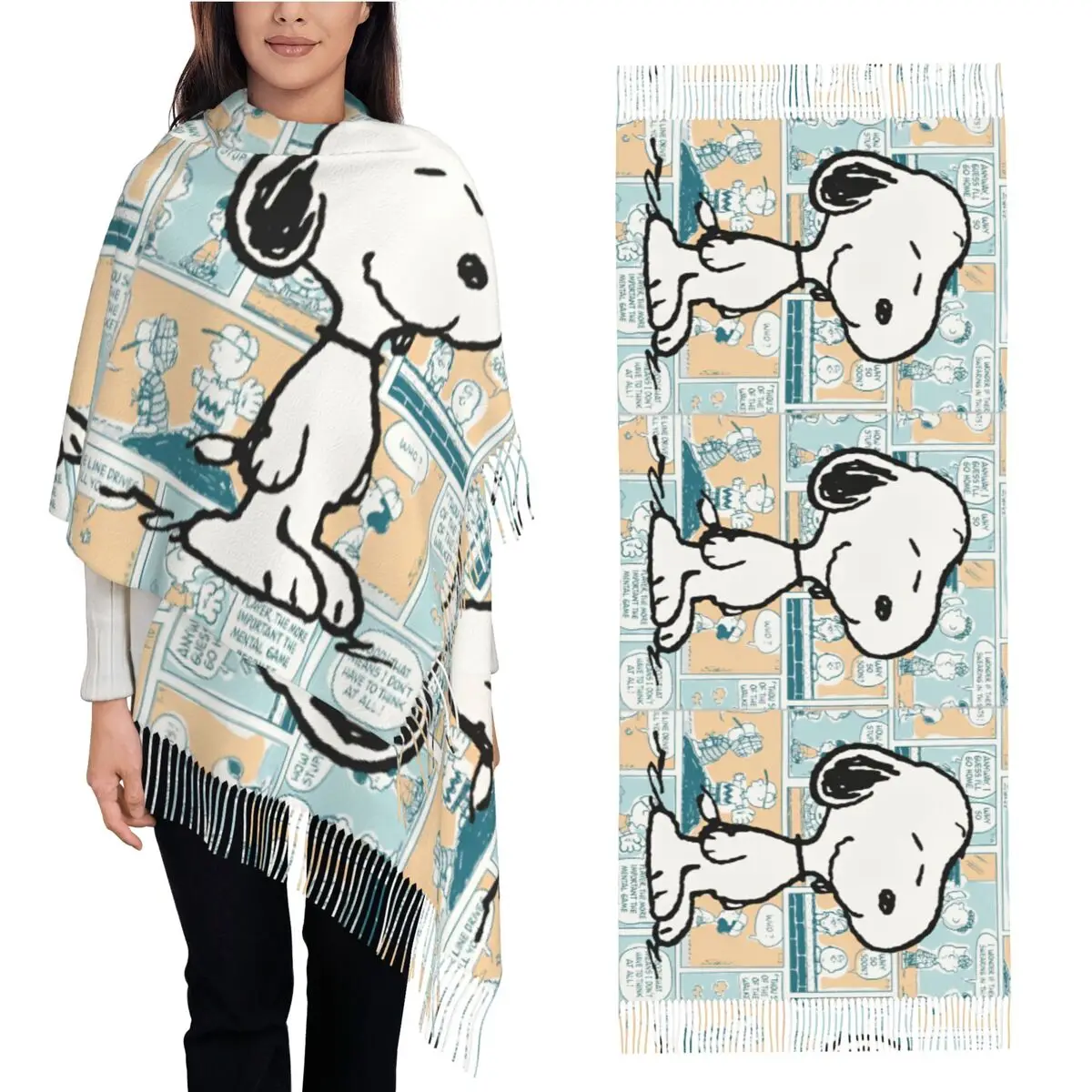 Peanuts Snoopy Comic Scarf Ladies Head Scarves with Long Tassel Autumn y2k Funny Shawls and Wraps Warm Soft Custom Bandana