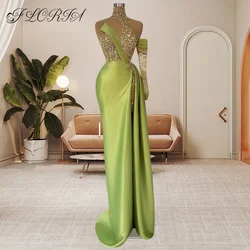 Bright Fluorescent Green One Shoulder Formal Evening Dress Sheer Beaded High Slit Satin Mermaid Maxi Dresses Women's Party Gown