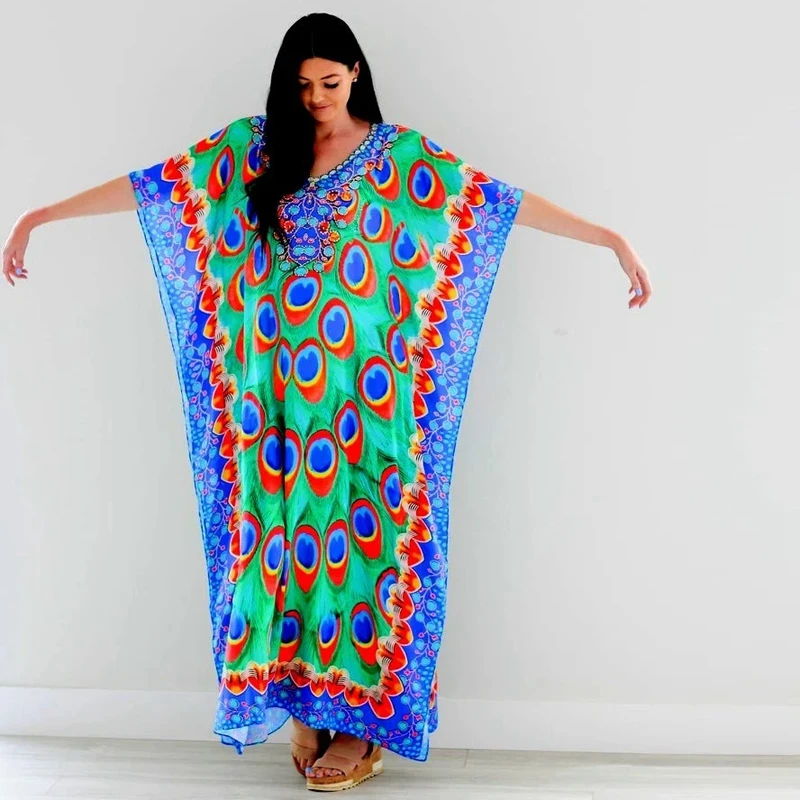 

Peacock Feather Kaftan Anima Print Magic Vivid Maxi Dress Women Summer Beach Cover Ups Bohemian Long Tunic Loose Oversize Gown