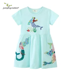 Jumping Meters 2-7T Summer Girls Dresses Mermaid Embroidery  Short Sleeve Birthday Party Children's Clothes Toddler Wear