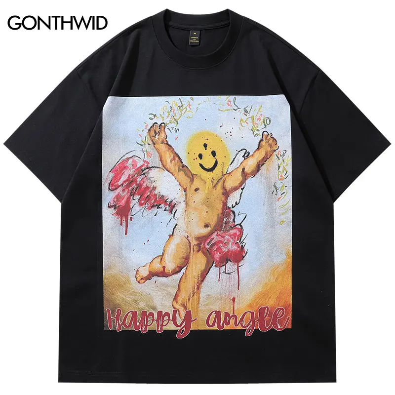 

Мужские футболки большого размера, забавная футболка с принтом граффити ангела, уличная одежда в стиле хип-хоп, Harajuku, повседневные мешковатые топы с короткими рукавами