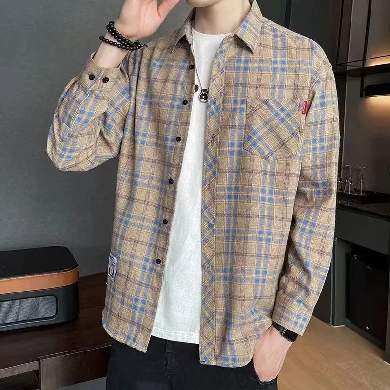 2024 New Autumn Long Sleeved Checkered Shirt Korean Edition Men Business Travel High Quality Comfortable Loose Collar Top Shirt