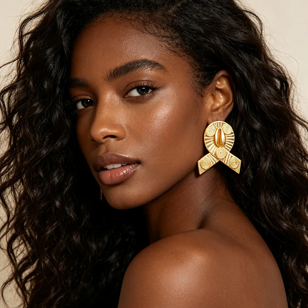 Luxuriöses 18K vergoldetes Muschel-Ohrringe- und Ring-Set für Damen, luxuriöse Hochzeits- und Party-Accessoires, Geschenk für die Braut. – Detail 2