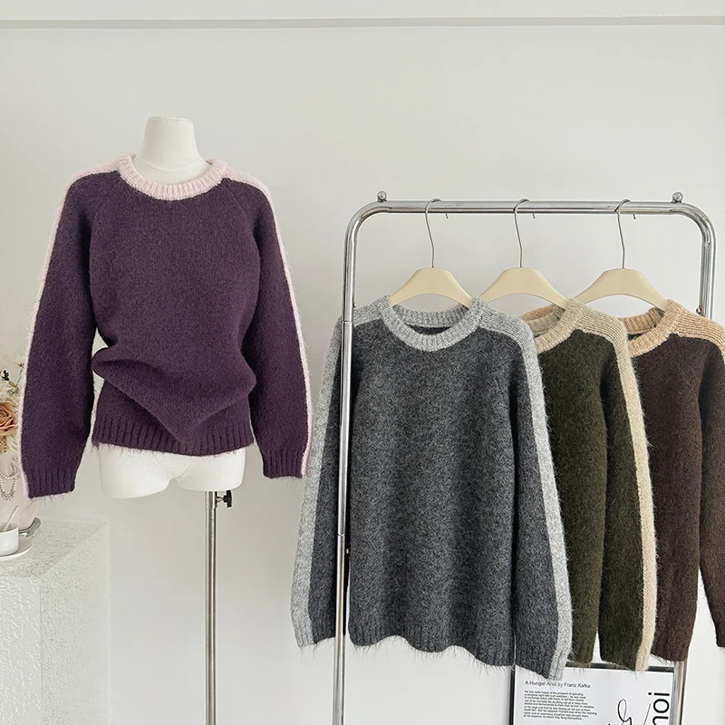 

O-Neck Color Contrast Patchwork Sweater Women Long Sleeve Soft Knitwear Fall Winter Tops Korean Fashion Warm Pullovers Jumper