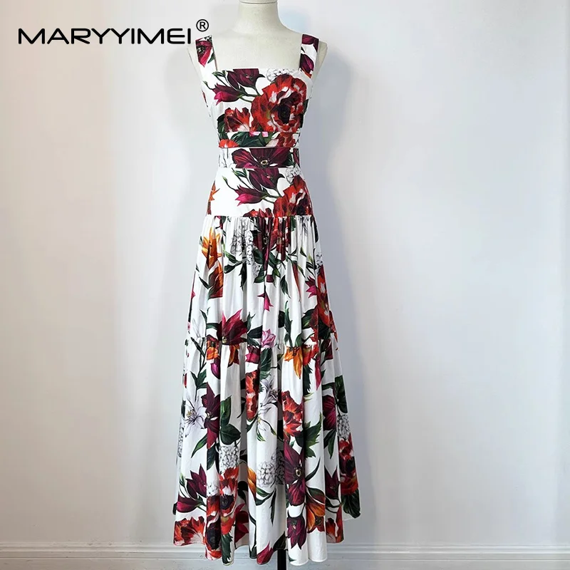 

MARYYIMEI Women's Elegant Beach Vacation Suit Spaghetti Strap Backless Short Top+Pleated Splicing Skirt Print Cotton 2-piece set