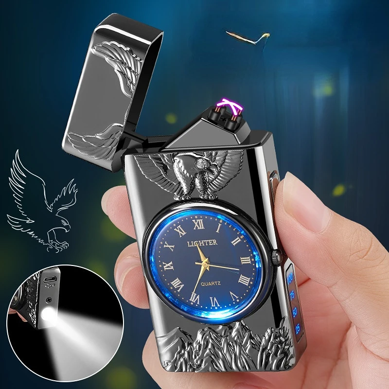 USB Rechargeable Dual Arc Metal Windproof Multifunction Lighter, Eagle Engraved Luminous Dial, LED Lighting Cigarette Lighter