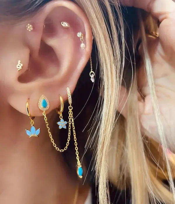 Trendy One-Piece Two Ear Holes Stud Earrings for Women Paved Tear Drop Turquoise and Cz with Gold Platinum Color Fashion Jewelry