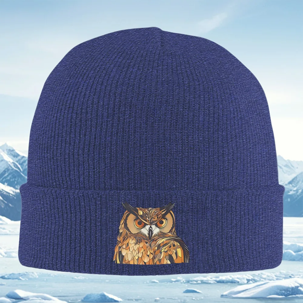 Owl face,detailed,feathers pattern,orange eye Men Women Unisex Knitted Hat Beanie Pullover Cap Winter Thermal Warm Christmas Out