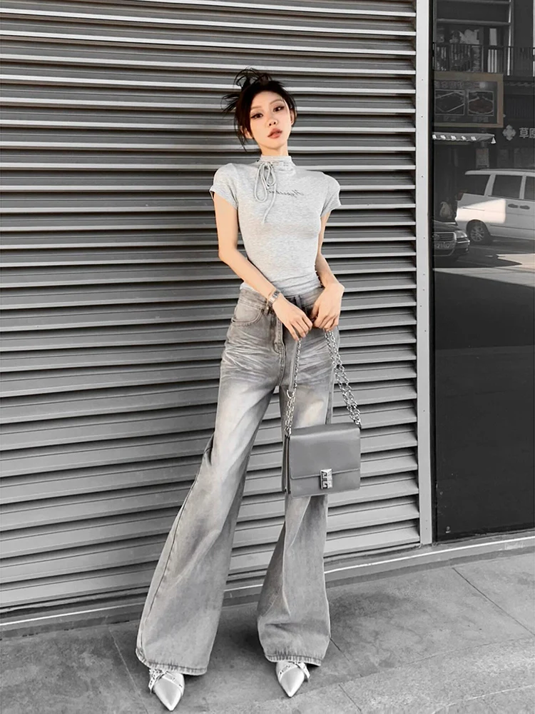 

Women's Grey Y2k Jeans Baggy Harajuku Denim Trousers Y2k Oversize Jean Pants Vintage 90s Aesthetic 2000s Trashy Grunge Clothes