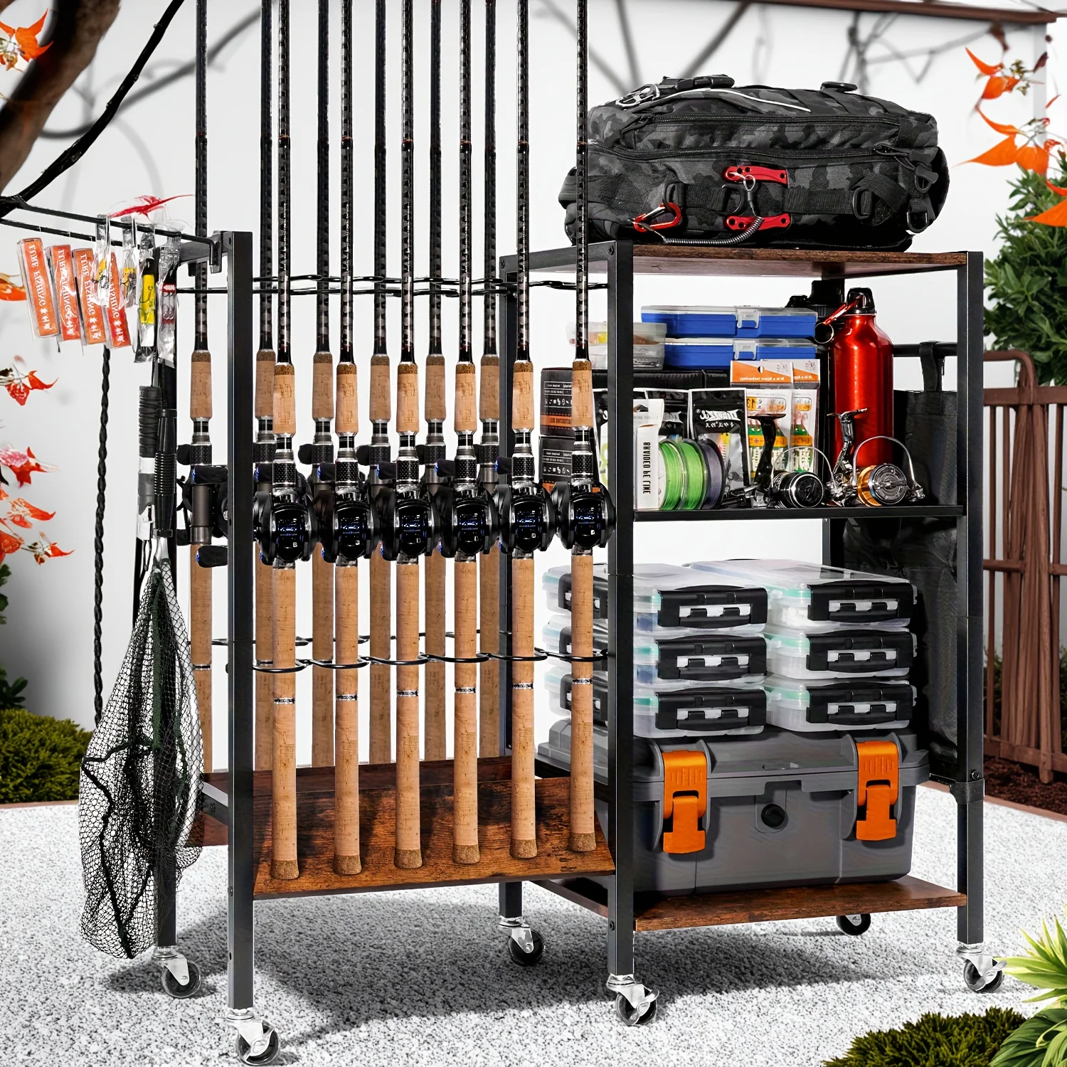 12-Rod Fishing Rod Rack Storage Cabinet Wall-Mounted Fishing Pole Holders Tackle Storage for Garage Organization