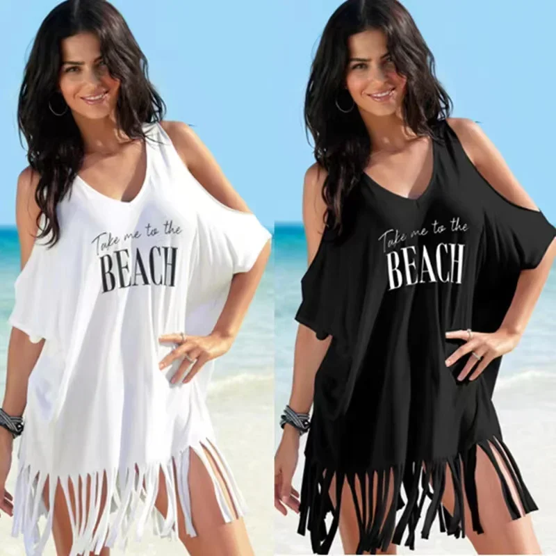 

Summer Beach Bikini Cover Up Women White Off Shoulder Kafan Sarong Loose Tops Casual Fringed Shirt Swimwear Beachwear