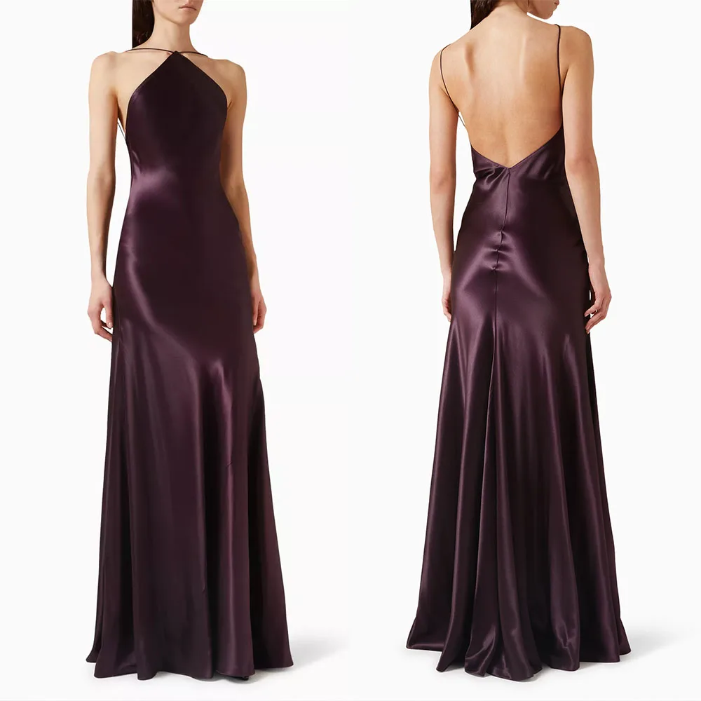 

High Quality Customized Halter Floor Length Purple Backless Sleeveless A-line Vestido De Festa De Casamento Evening Dresses Robe