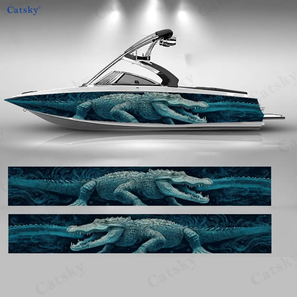 

Vintage Print Blue Tone Crocodile Boat Stickers, PVC Waterproof Vinyl Wrap Decals for Fishing Boats, Durable and Stylish Design