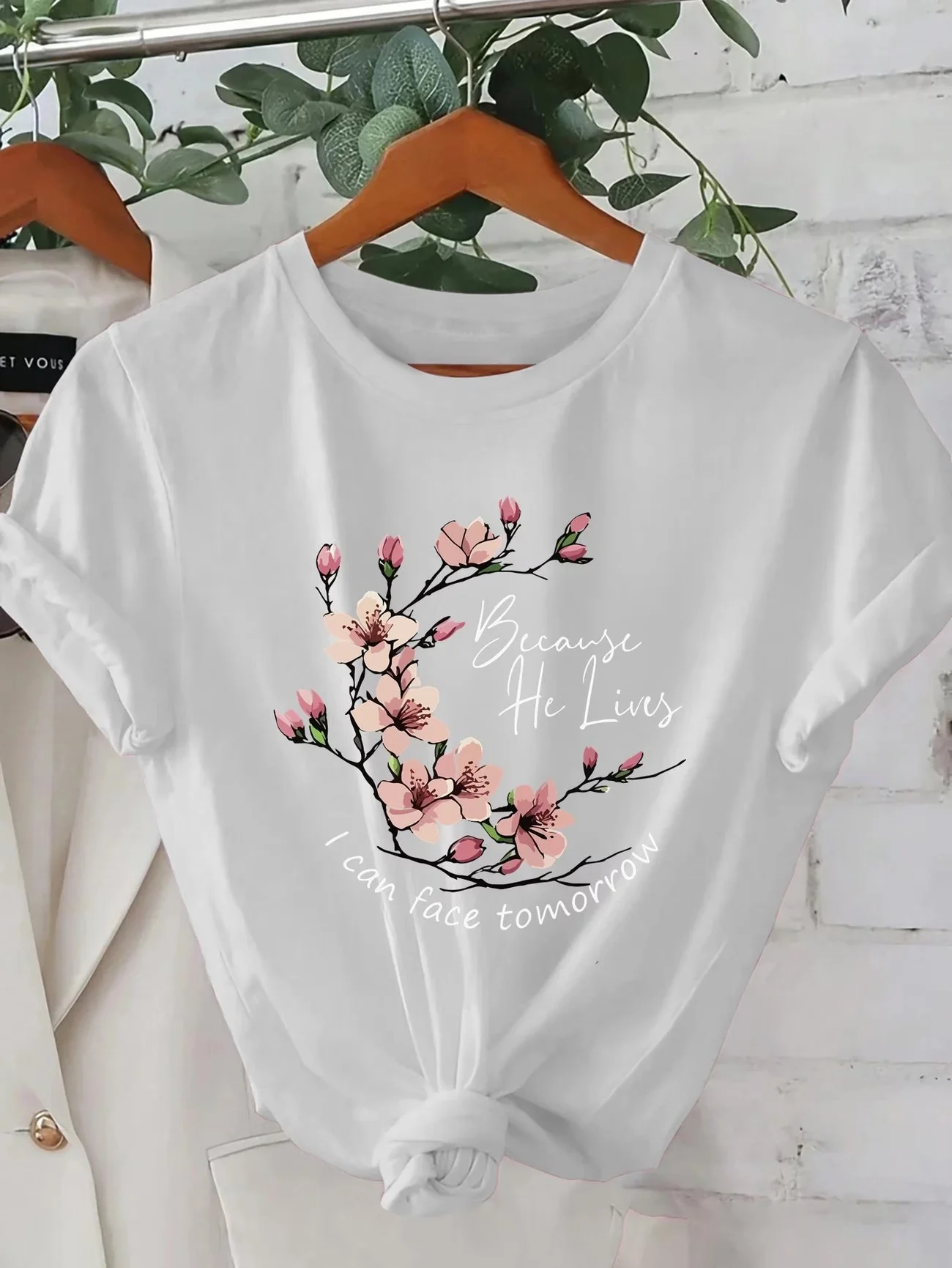 Christian T Shirt Women Because He Lives I Can Face Tomorrow Letter Floral Graphic Tee Summer Short Sleeve Casual Religious Tops