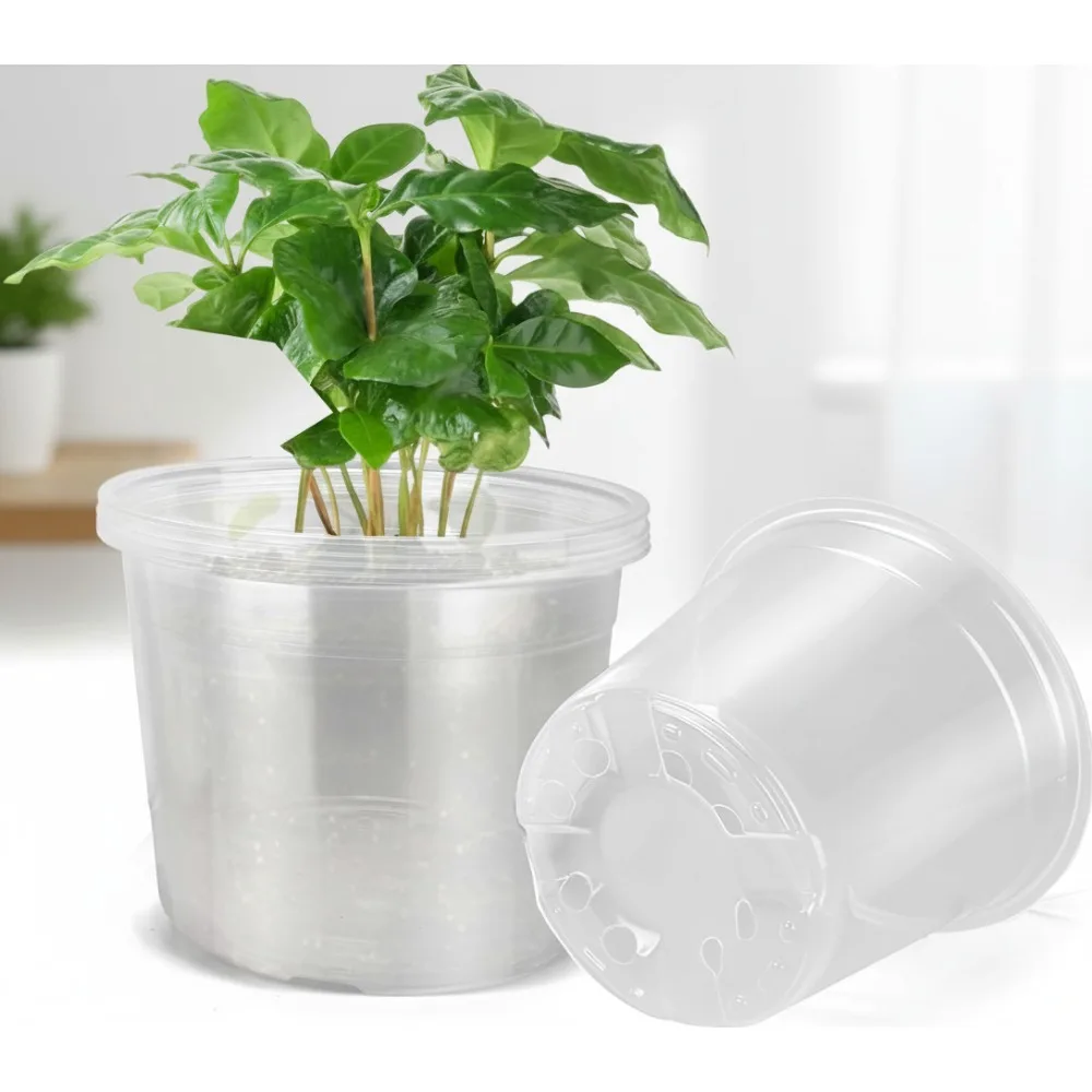 

10 Inch Clear Plastic Plant Pots with Drainage, 5 Pack for Indoor Outdoor Gardening, Vegetables, Orchids