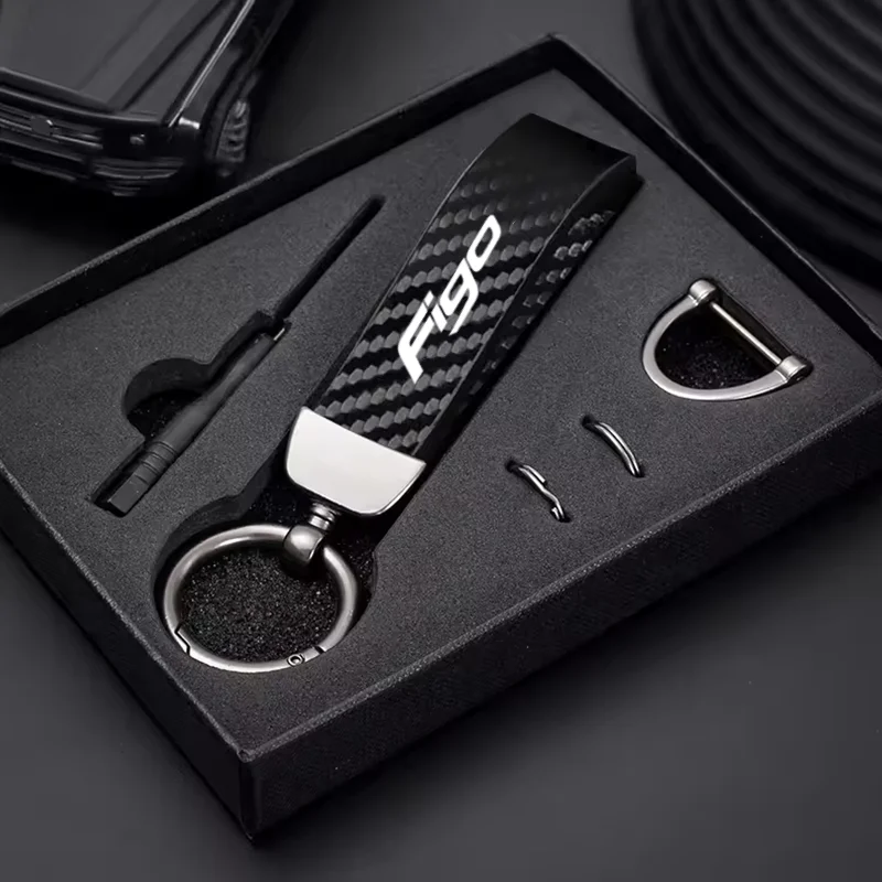 

Carbon fiber Leather Car Keyring Exquisite Anti-lost Car Keychain for Ford FIGO Emblem Auto Accessories