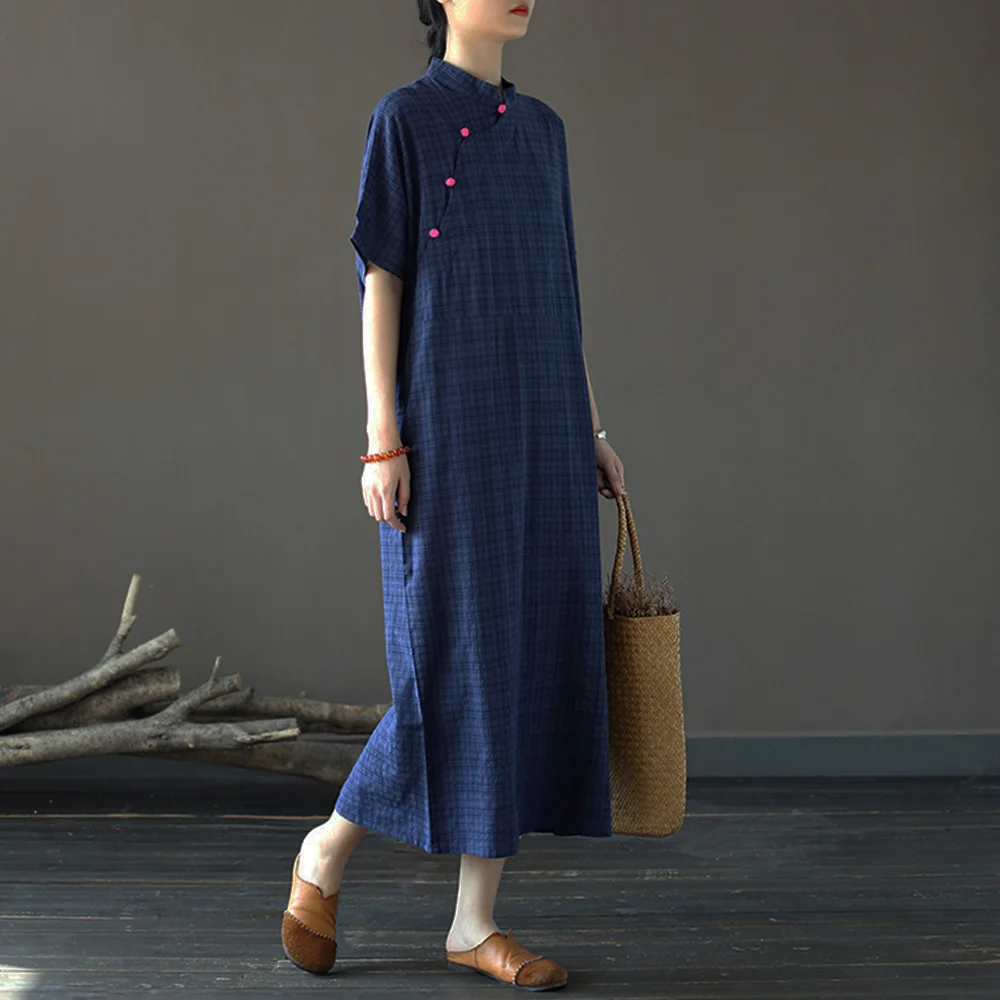 Zomer Vintage Geruite Jurk Met Korte Mouwen Vrouwen Losse Bamboe Katoen Chinese Casual Disc Gesp Jumper Cheongsam Lange Jurk