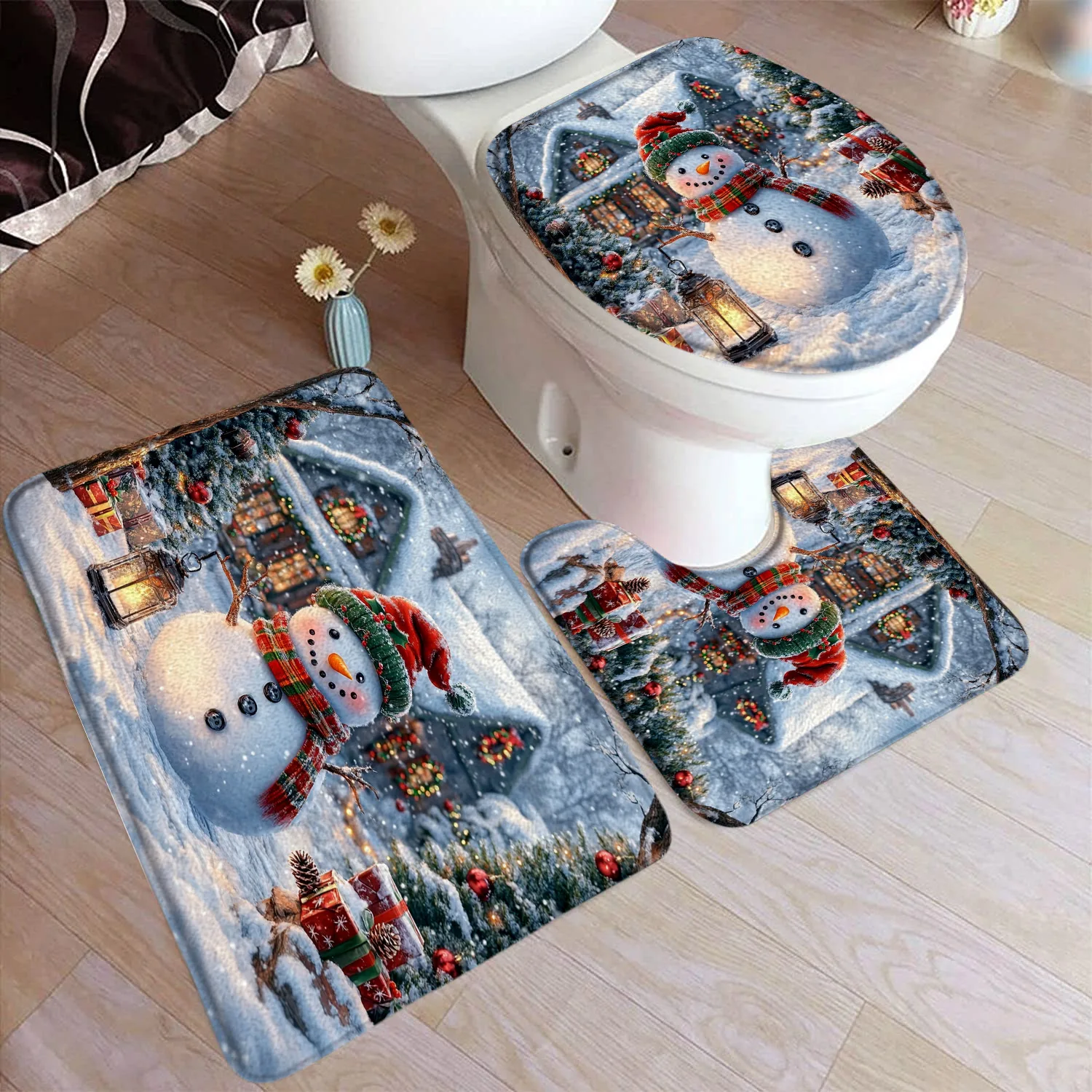 Cute Snowman Bath Mat Set Winter Forest Farmhouse Xmas Tree Gift New Year Christmas Home Bathroom Decor Floor Rugs Toilet Cover