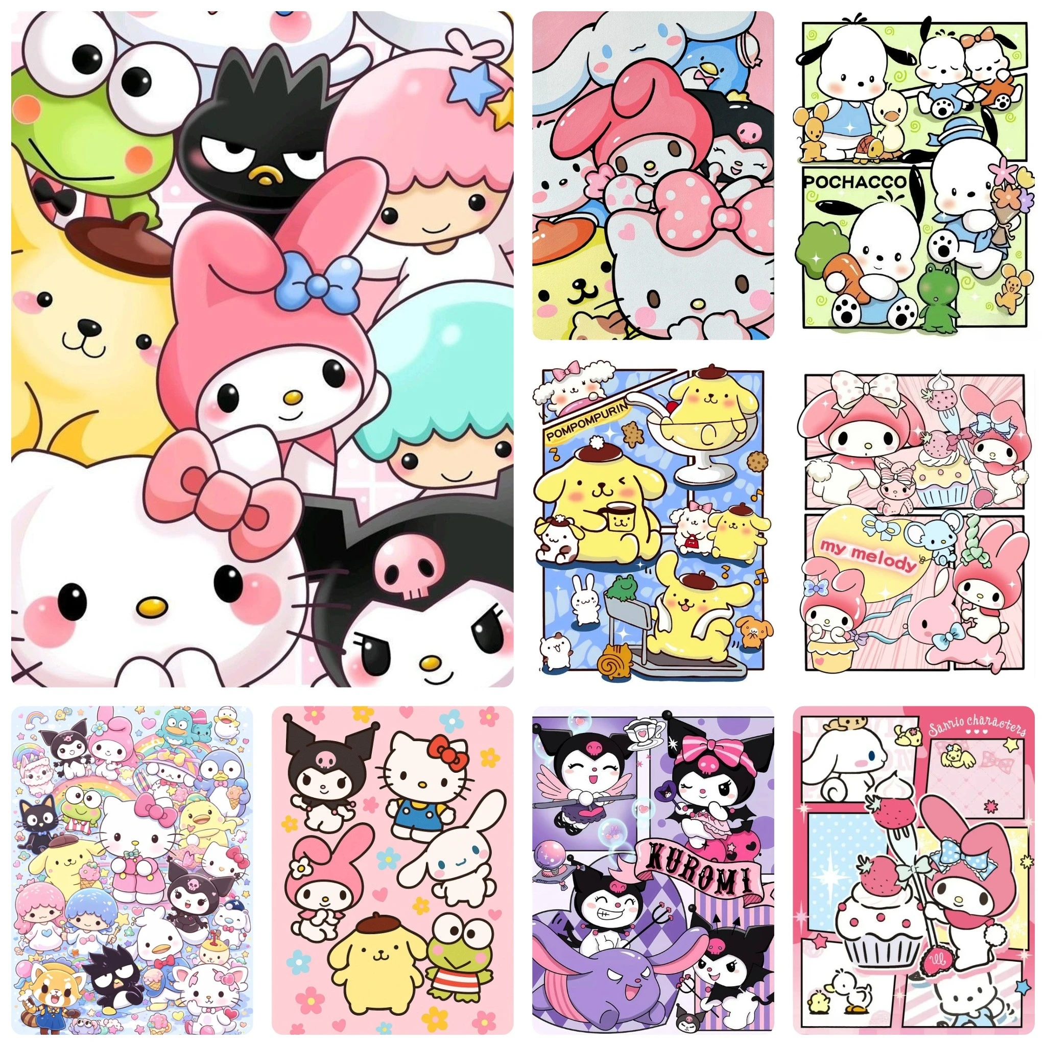 DIY Niedliches Kätzchen Kuromi Cinnamoroll Pochacco Pompompurin Diamantmalerei, Süßes Niedliches Cartoon-Motiv für Wohnzimmer-Wanddekoration Geschenk