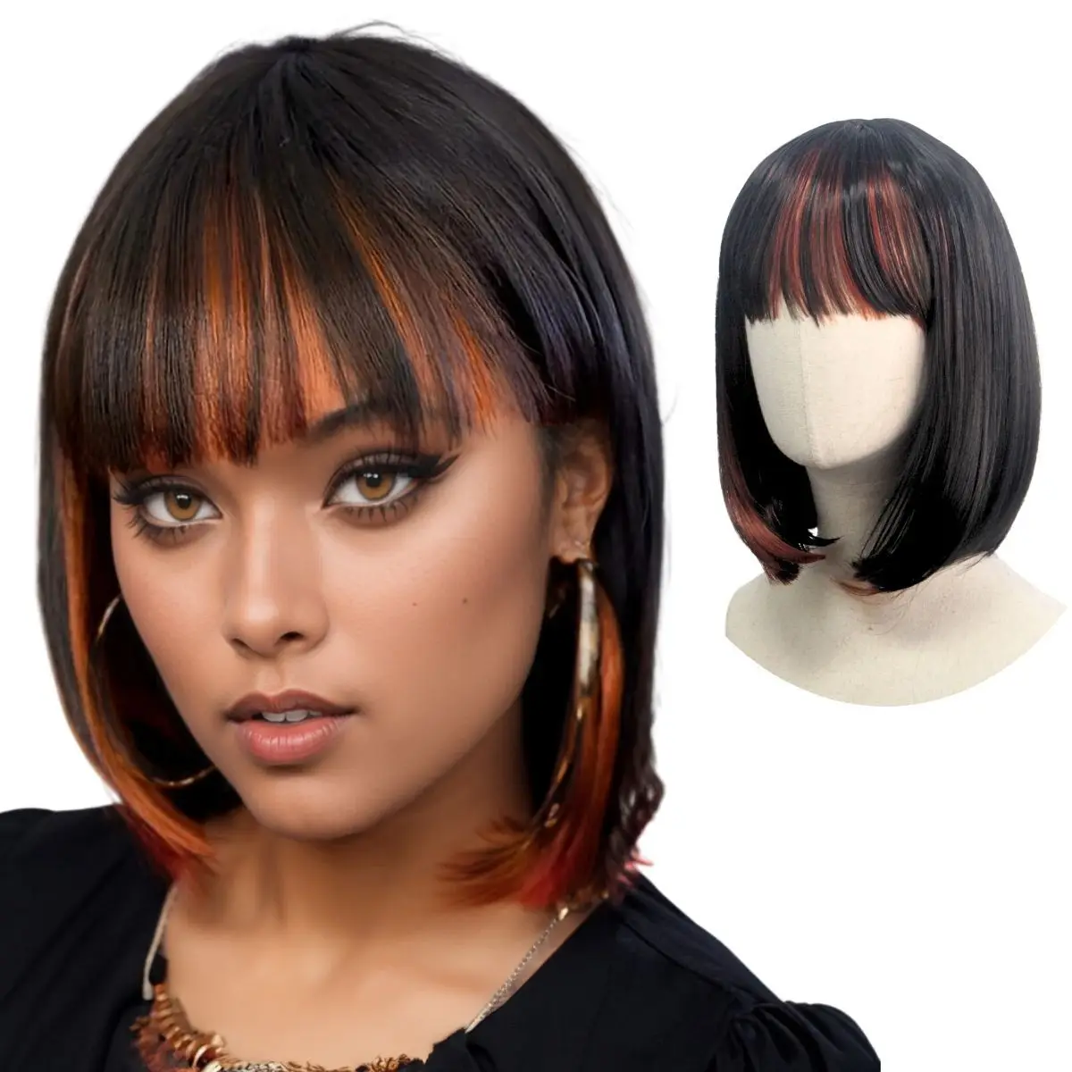 

Synthetic Short Straight Bob Wig with Bangs Korean Brown Mixed Highlight Cosplay Daily Wear High Temperature Fiber