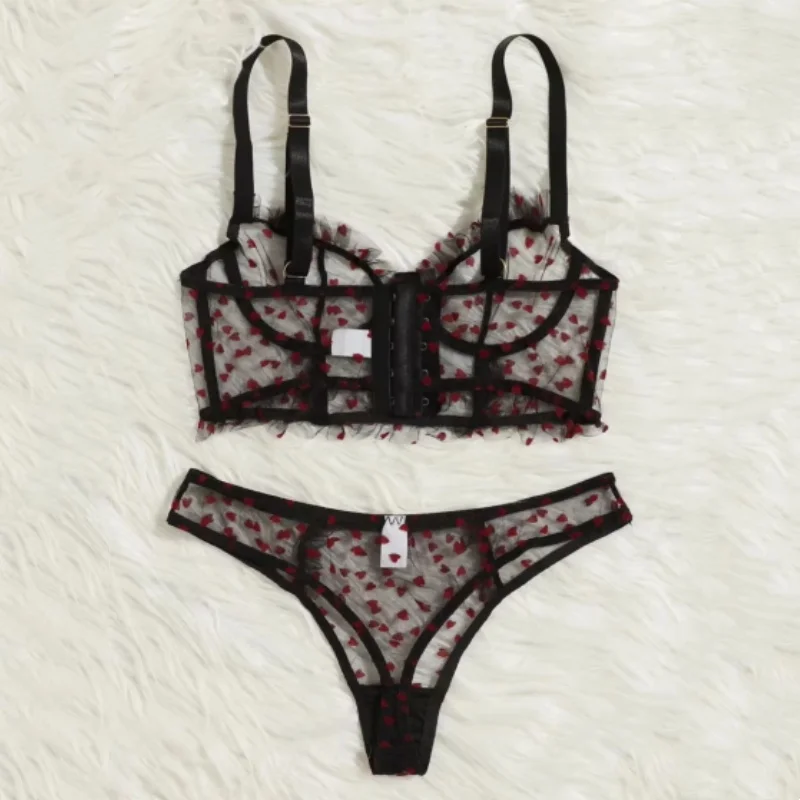 

Женский сексуальный комплект с кружевным бюстгальтером в горошек на косточках, милый комплект с пуш-ап на бретельках и вышивкой, сетчатый прозрачный комплект нижнего белья, прозрачный бюстгальтер-трусики