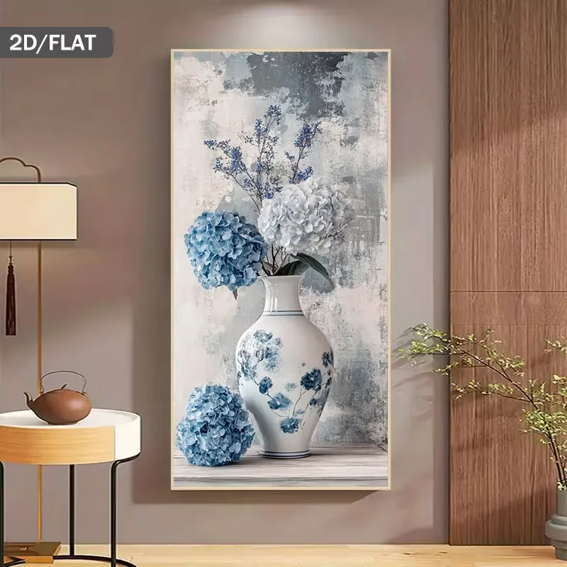 2D Flat, 2D Flat, Modern Abstract Canvas Painting Featuring a Blue And White Hydrangea Vase, Measuring 31.49 by 62.99 Inches Or