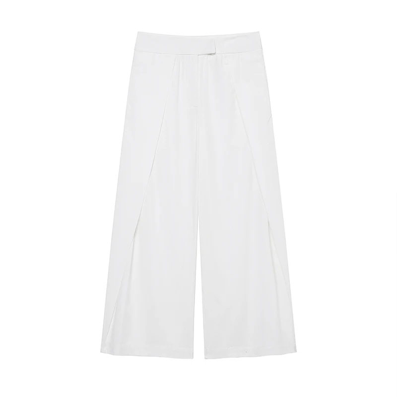Willshela Pantaloni a gamba larga pieghettati con cerniera frontale bianca moda donna Pantaloni da donna chic a vita media vintage a vita intera