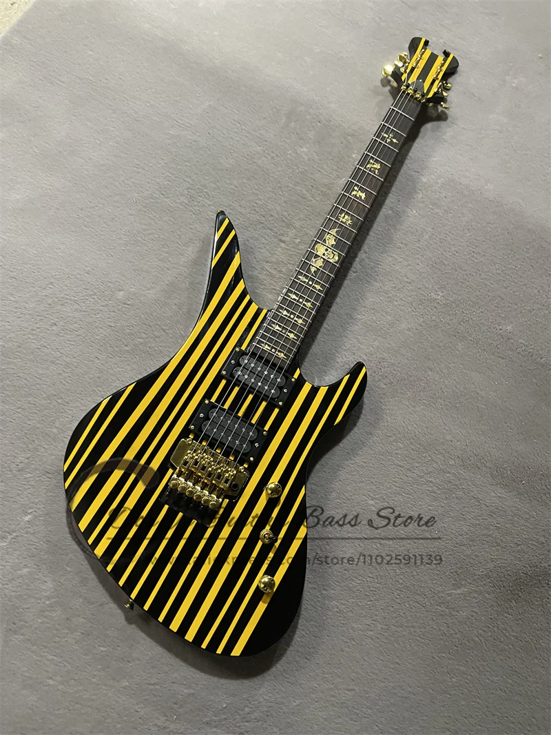 Black ELectric Guitar Maple Neck Set In Body Yellow Stripes Tremolo Bridge Rosewood Fretboard Yellow Pearl Bat Inlay Golden Tune