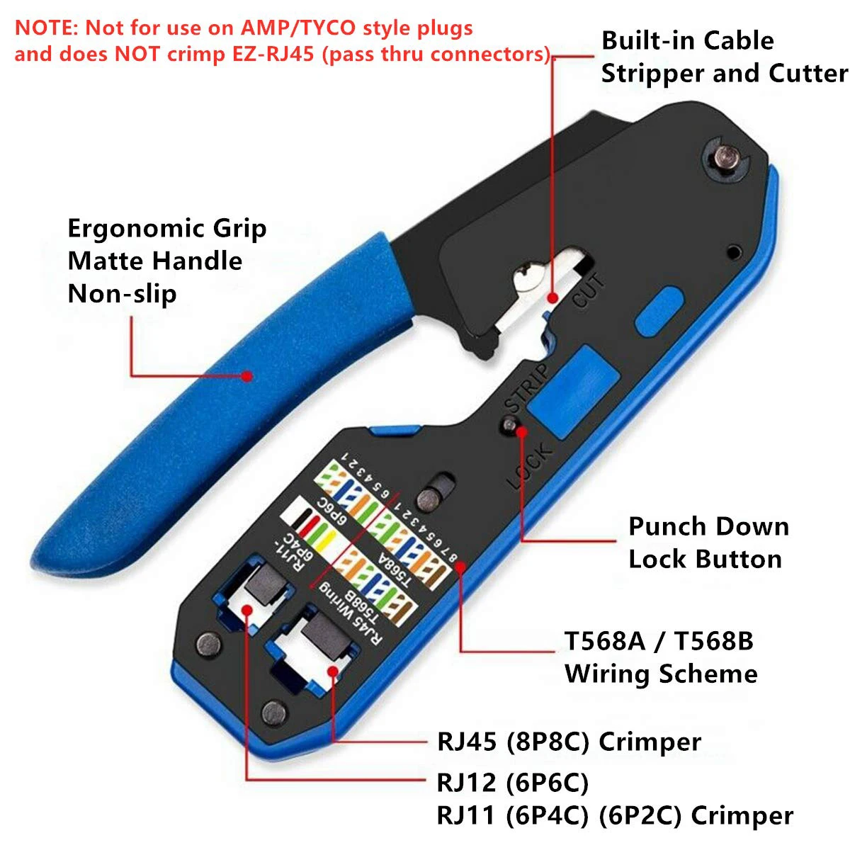 ZoeRax [RJ45 RJ12 RJ11 Modular Crimper] for CAT5/5e CAT6 Standard Network Connectors Strip Cut Crimp Tool Blue Handle