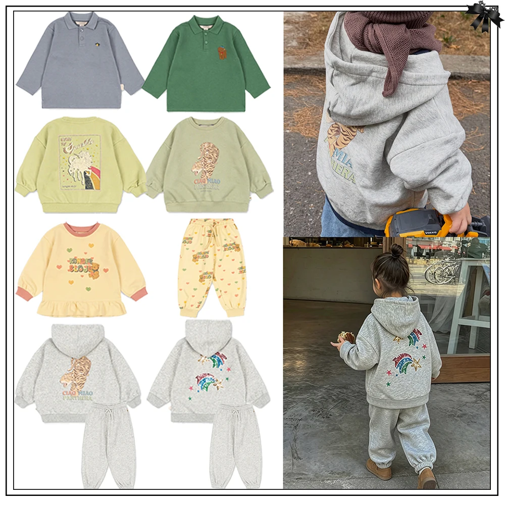 2026 Autumn Ks New Boys Girls Set Tiger Rainbow Unicorn Print Hoodie Sweatshirt Lemon Pattern LongSleeve Polo Shirts Kids Set