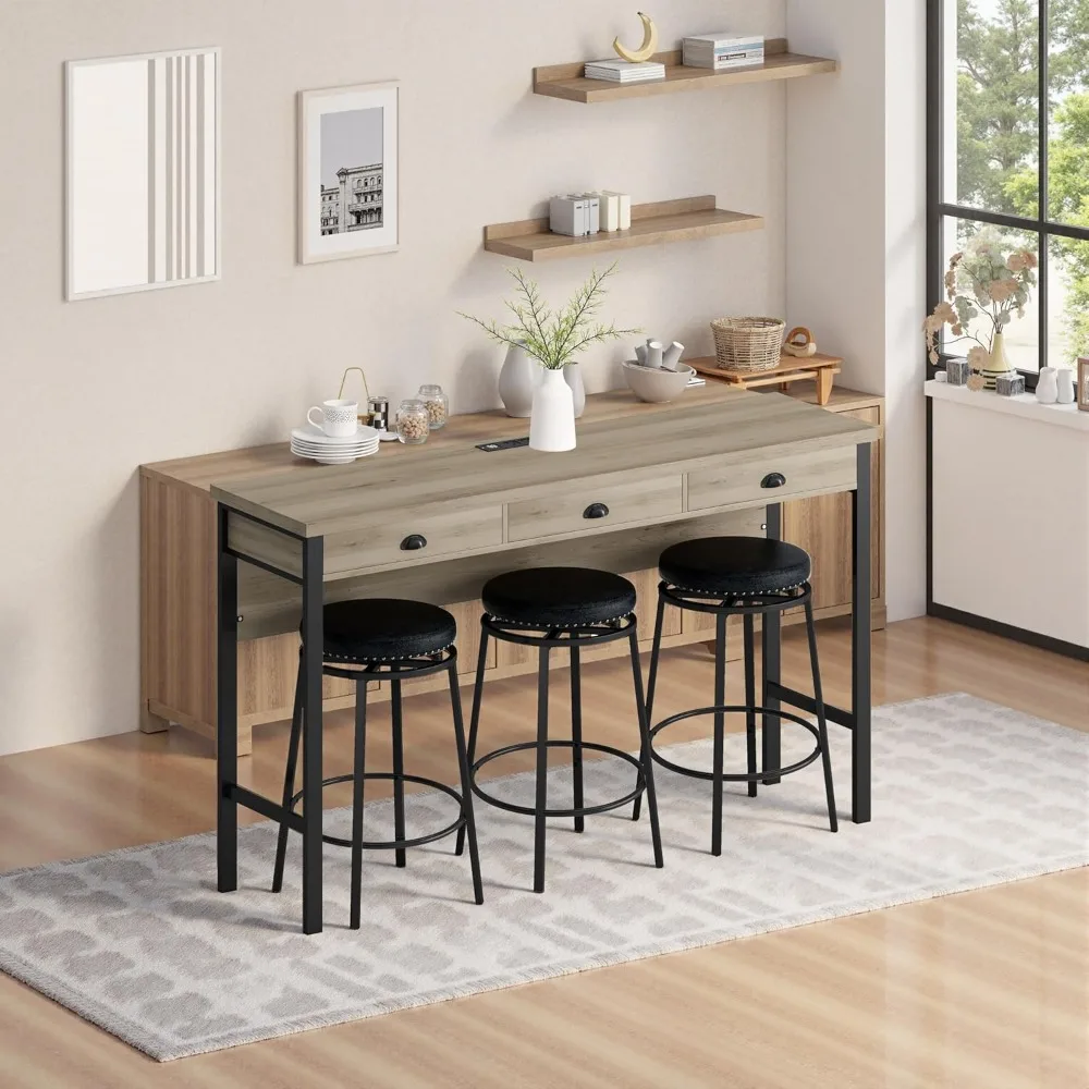 

Bar Table and Chairs Set, 60.24” Long Pub Tables with 3 Stools, High Top Table Kitchen Dining Desk, 4-Piece Breakfast Desk Set