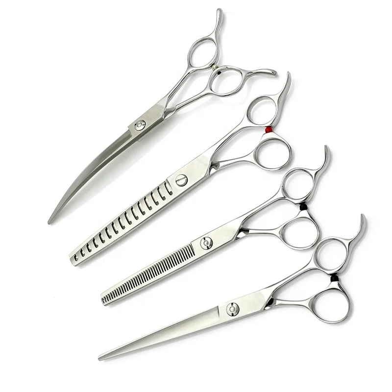 

PS-0008 Индивидуальные ножницы для ухода за собаками, титановые ножницы для домашних животных, набор профессиональных японских 440c, изогнутые Vg10 Chunker с ЧПУ для истончения кошек