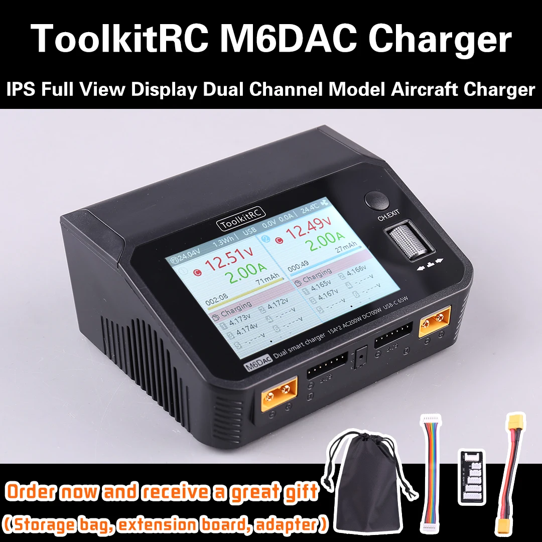 

ToolkitRC M6dac Dual Channel Smart Lipo Battery Charger Discharger AC 200W DC 350WX2 15A for 1-6S LiHV Lipo Battery PD 65W