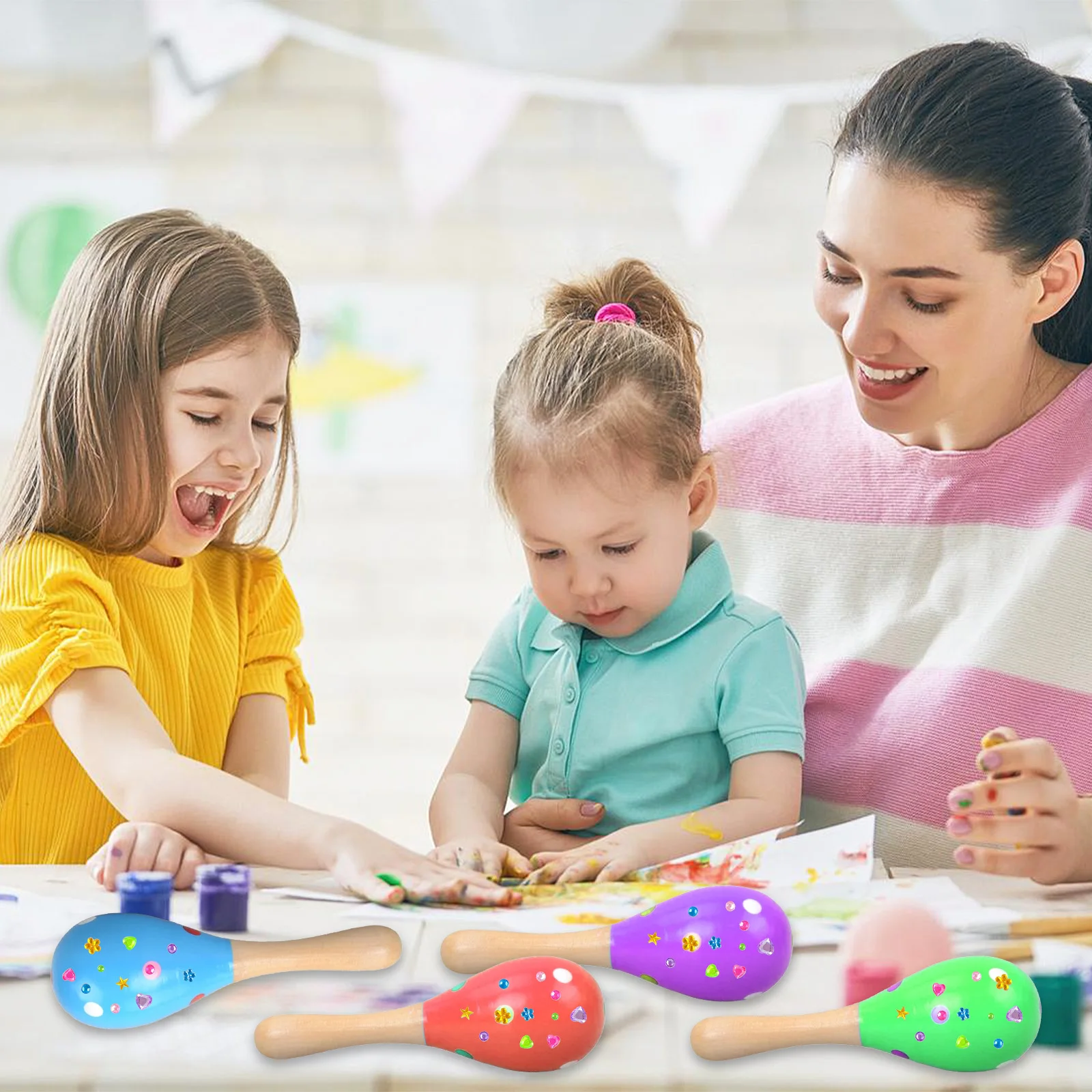 Maracas in legno da 30 pezzi per bambini, set fai da te con 24 penne colorate, strumenti musicali Maracas per Cinco De Mayo Fiesta messicana