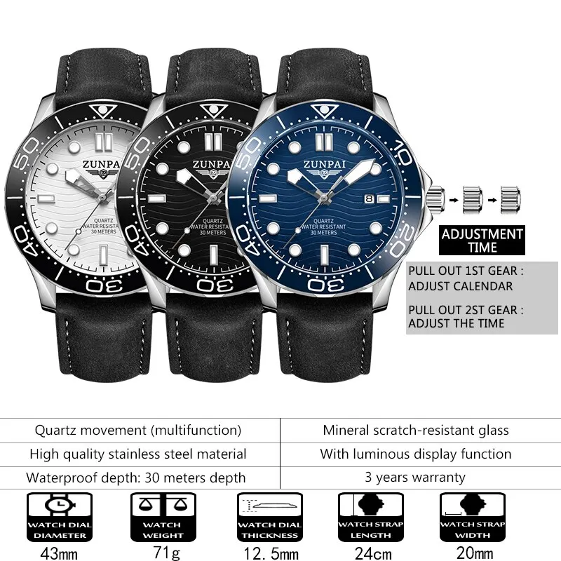 ZUNPAI Original Watch for Men Waterproof Sport Fashion Leather Strap Black Luminous Analog Baterai Quartz Wristwatches