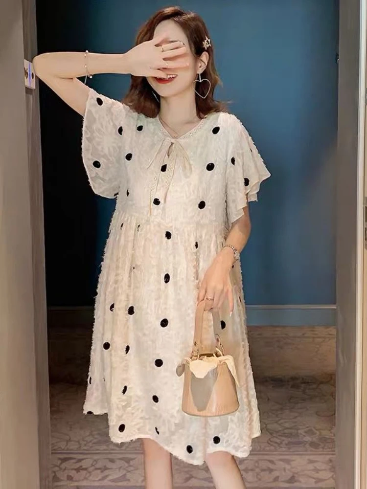 maternity dress New Polka Dot Print Dress Matching Short Sleeve A-Line Dress With Sash Clothes pregnancy photoshoot dress