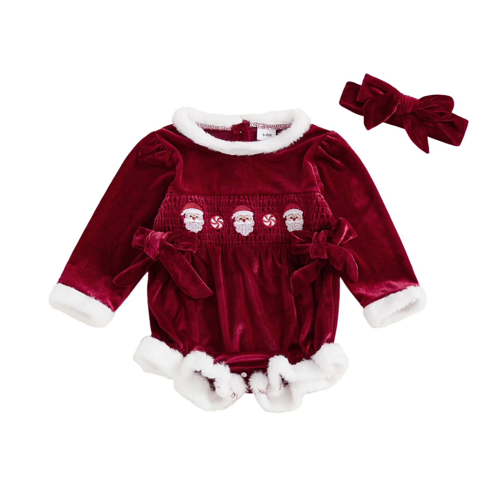 

Baby Girl Christmas Outfit Santa Embroidery Long Sleeve Velvet Romper Bow Headband 2 Piece Set