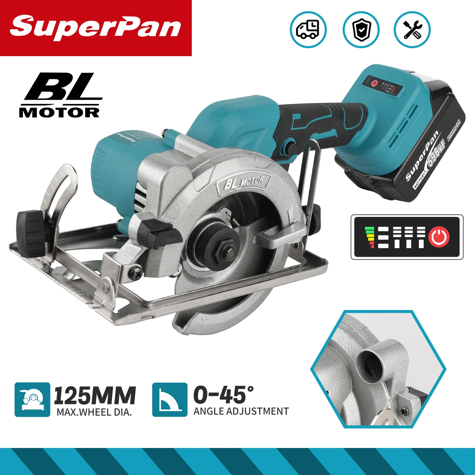 SuperPan 125mm Brushless Circular Saw For Makita 18V Battery ,Cordless High Power Electric Woodworking Saw Adjustable Angle Cutt
