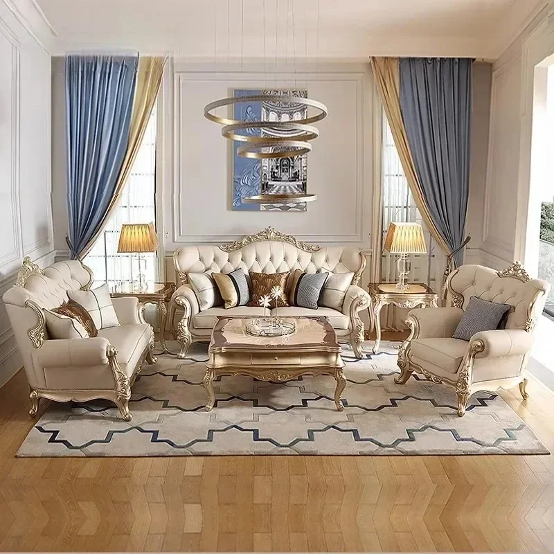 

French light luxury solid wood leather sofa European court carved large flat floor living room sofa combination