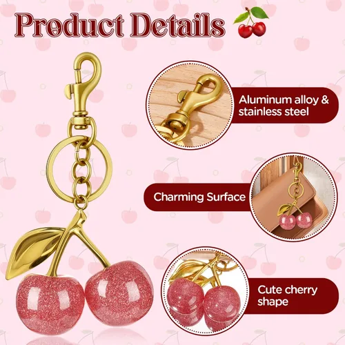 Imagen 2 del producto LLavero de cereza con colgante de acero de alta calidad, accesorios de moda para bolso de entrenador, colgante para mujer, bonito llavero con dije para coche