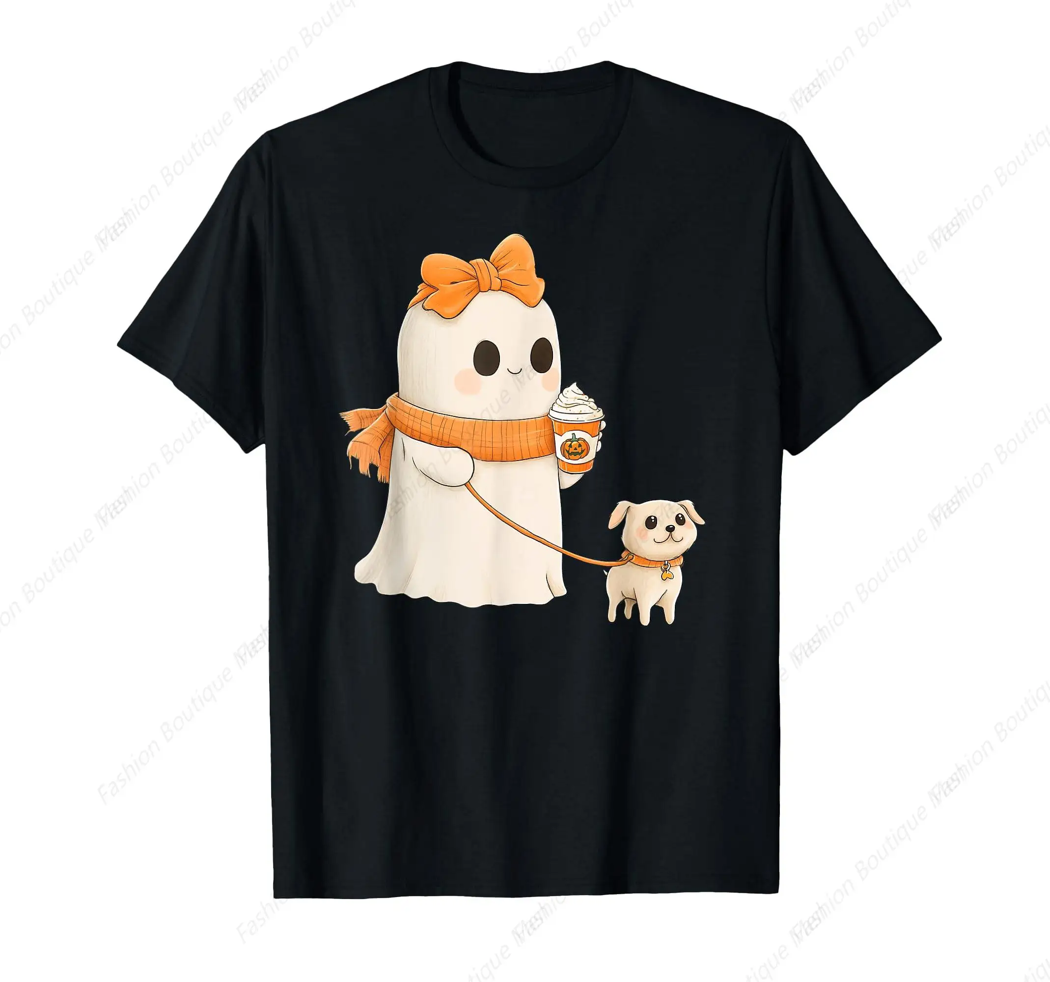 Cute Ghost Walking Dog Coquette Bow Halloween Dog Lover T-Shirt Funny Art Creation O-neck Short Sleeve