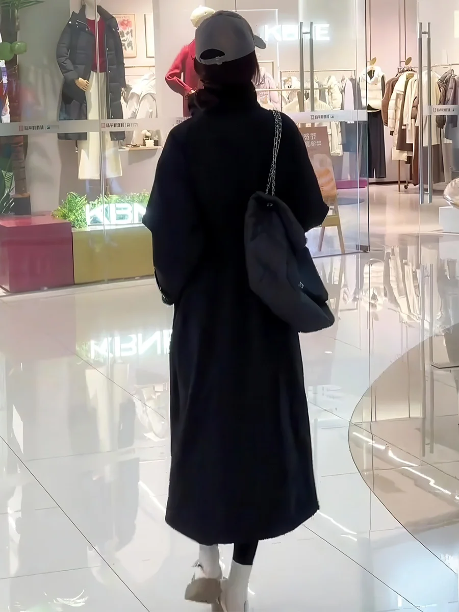 Damski długi płaszcz zimowy z wysokim kołnierzem, koreański, luźny, casualowy, ocieplany, jednolity kolor.