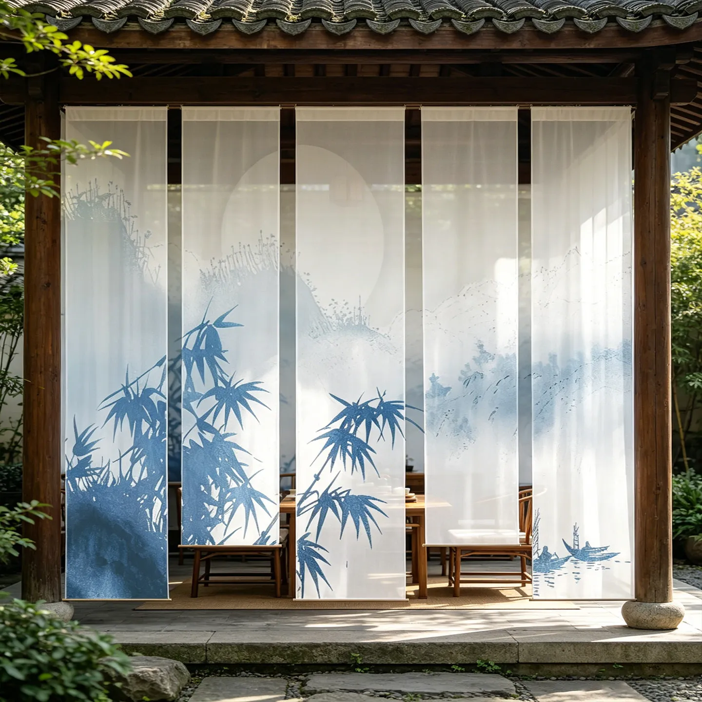 Zen Bamboo Hanging Room Divider – Semi Transparent Chiffon Gauze Curtain for Tea Room, Izakaya & Meditation Space Decor